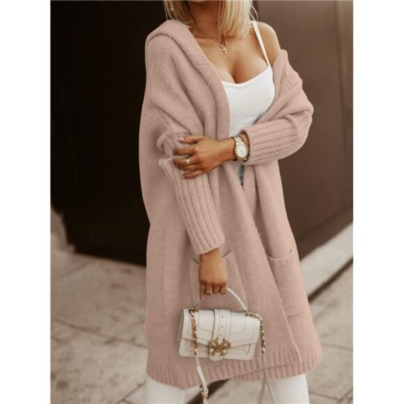Womens Long Cardigans Cable Knitted OpenFront Oversized Hooded Outerwear Sweater - Picture 2 of 5